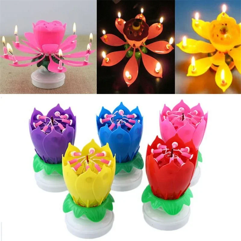 Candle Flower for Kids Gift Party  Double Lotus Music Candle Romantic Happy Birthday Music Play Lotus Candle Magic Musical