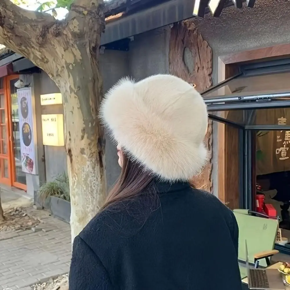 

Sweet Warm Cap Faux Fur Mink Hat Korean Style Solid Color Plush Basin Cap Bucket Hat Solid Beanie Apparel Accessories
