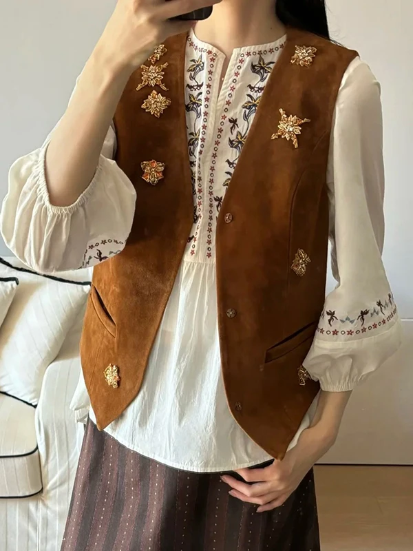 

Ретро-жилет из замши с цветочным декором, V-образным вырезом, зауженный на талии, на одной пуговице, осенне-зимний, женский, модный жилет