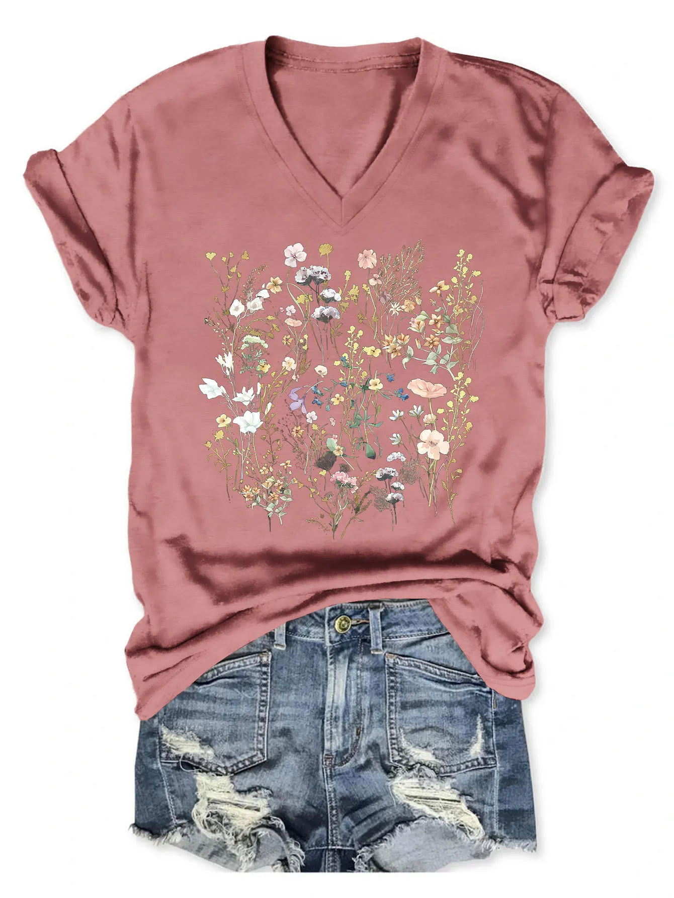 Camiseta de manga curta com decote em v, estampa floral, moda casual, novo, verão