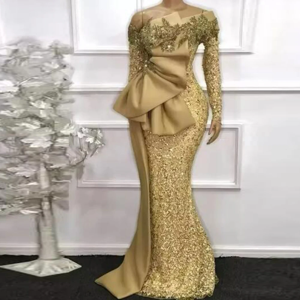 

Gold Lace Mermaid Prom Dresses Off The Shoulder Long Sleeves Lace Sequined Appliques Evening Gowns Lace Up Back Formal Wear