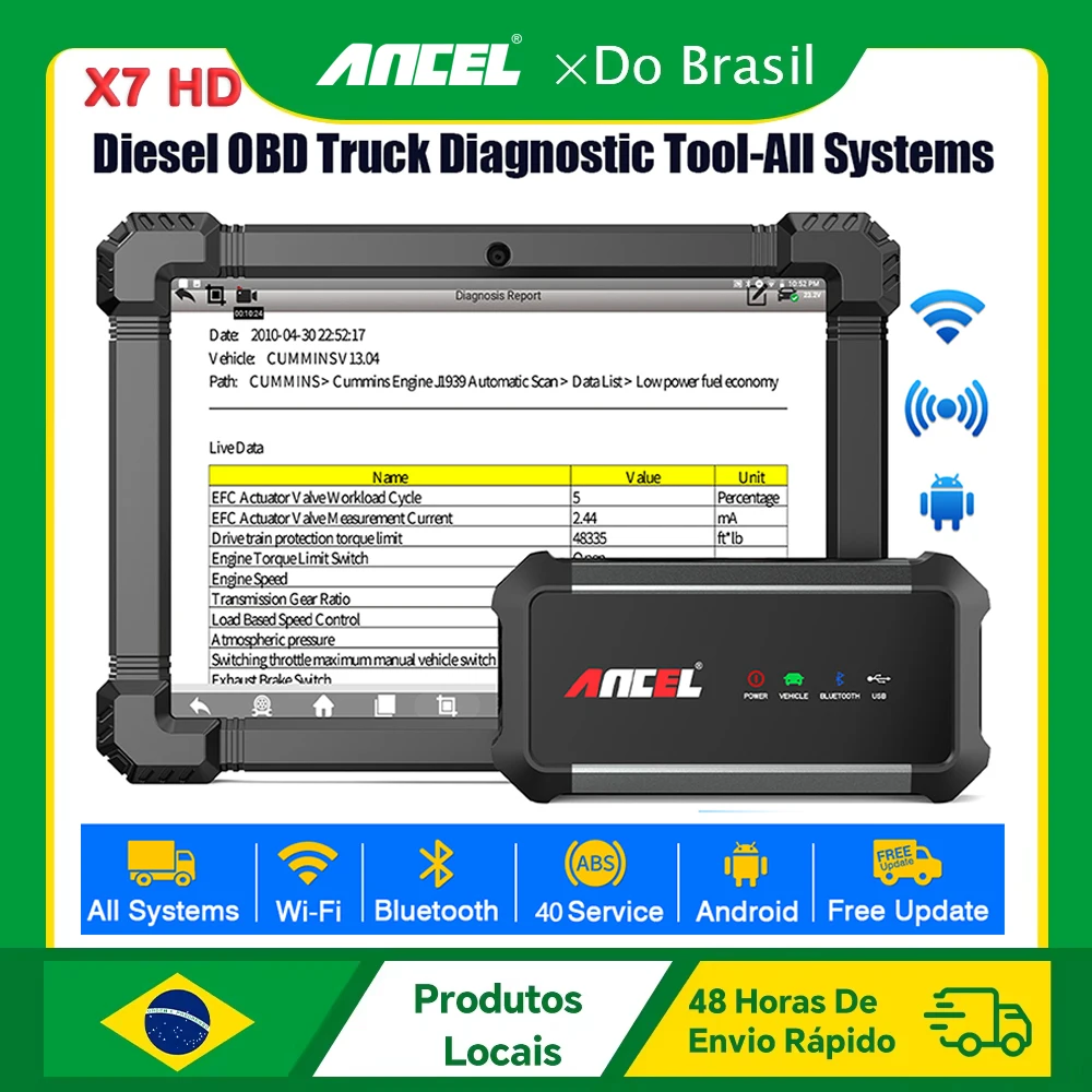 Ferramenta de Diagnóstico para Caminhões ANCEL X7 HD, TPMS, Regeneração D-P-F, ABS, SAS, Redefinição de Óleo, Scanner OBD2 para Caminhões 24V/12V