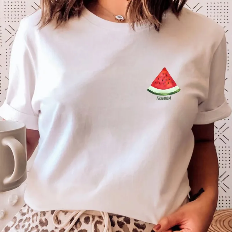 Camiseta divertida con estampado de sandía libre para mujer, camiseta con patrón superior, camiseta informal holgada de sandía con cuello redondo para mujer