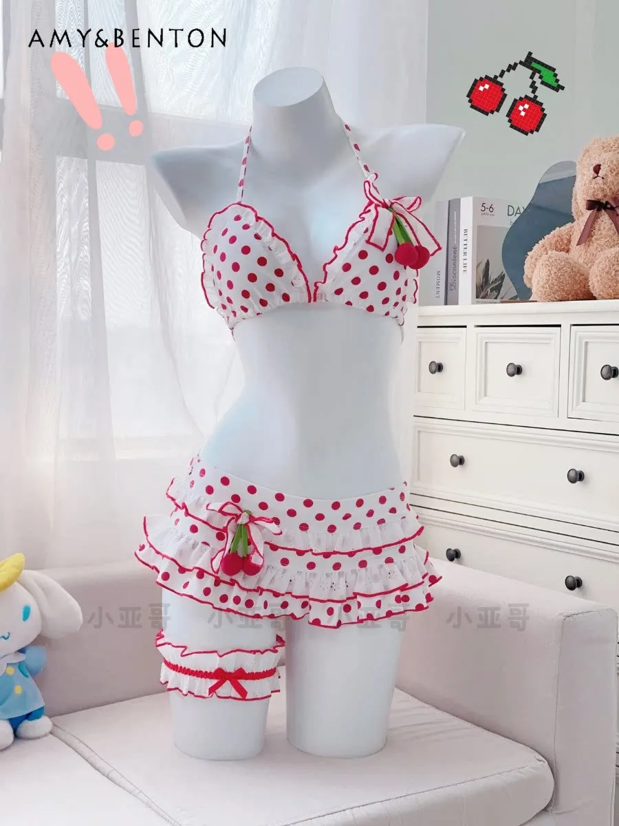 

Купальник-бикини в горошек в стиле субкультуры: сексуальный и милый комплект с бантом и топом на завязках, раздельный купальник для женщин, в стиле курортного отдыха на море