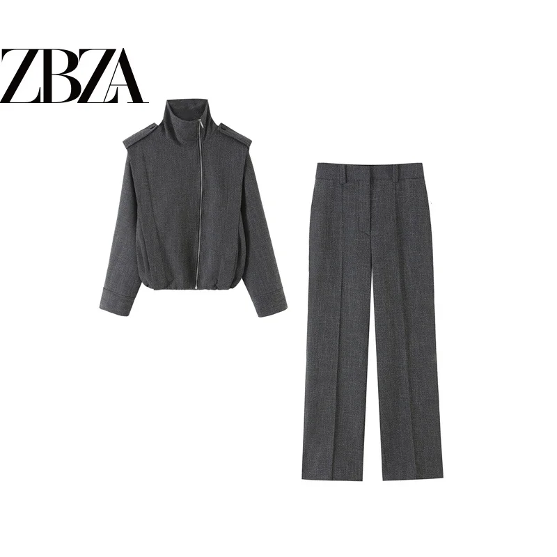 Fashionable Versatile ZR Wind Women's Jacket Outerwear with Side Zipper Strap Pants 7052833 Autumn Collection Two-Piece Set