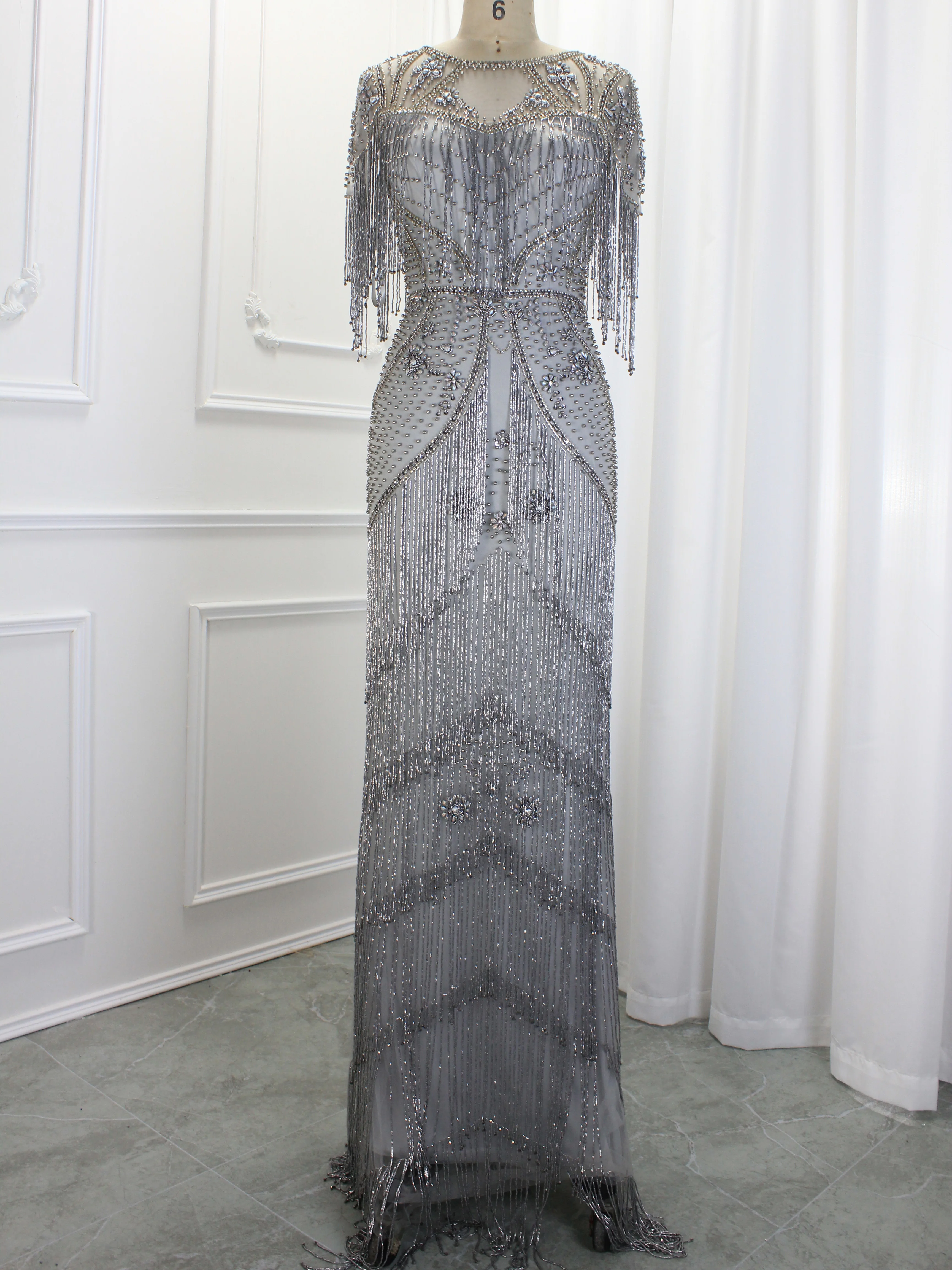 Hot Sale Muslim Diamond A-line Elegant Evening Dresses With Tassels Skirt Grey Gowns 2024 For Women Wedding Party & Best Price