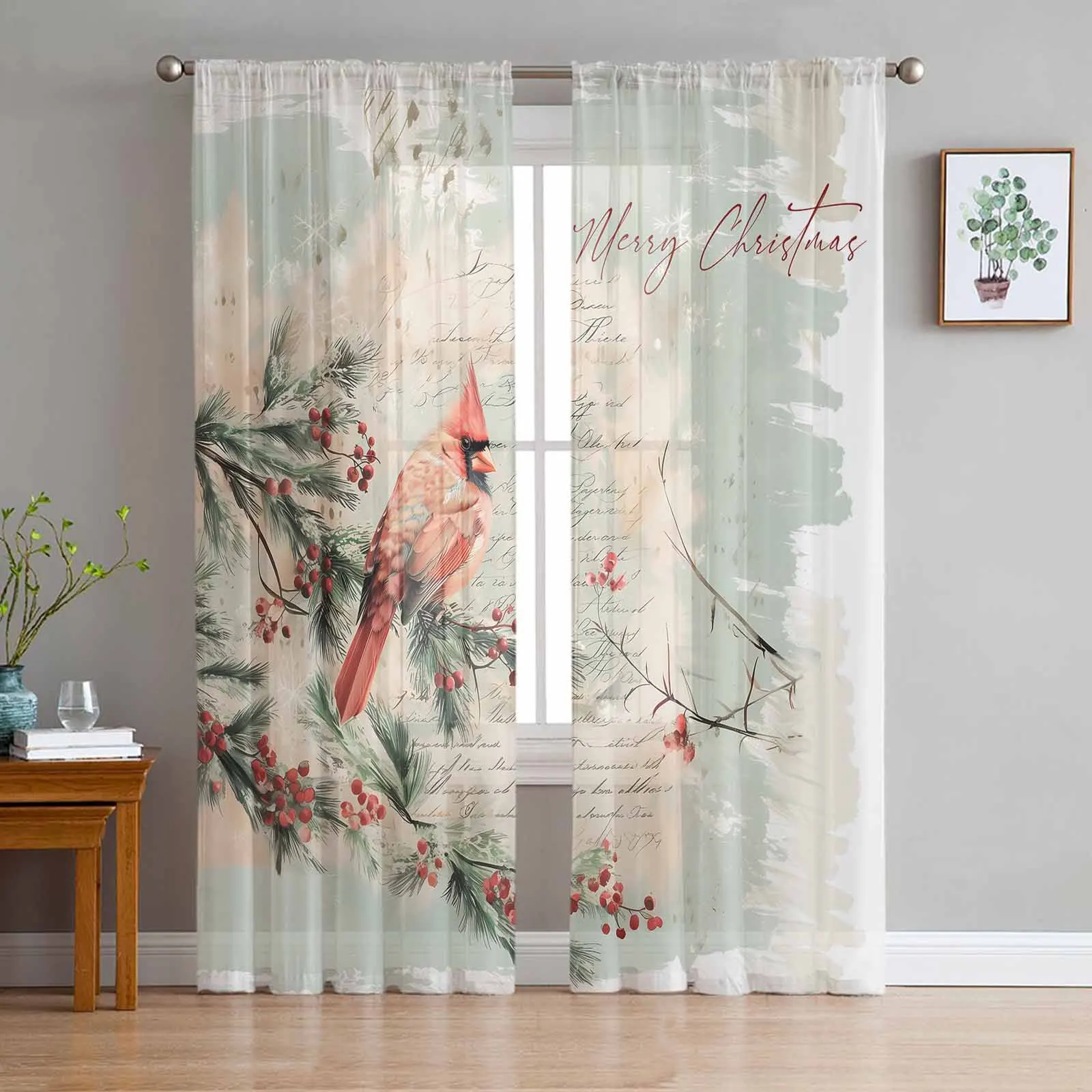 Christmas Winter Cardinal Berries Tulle Curtains for Living Room Decoration Modern Chiffon Sheer Voile Christmas Curtains