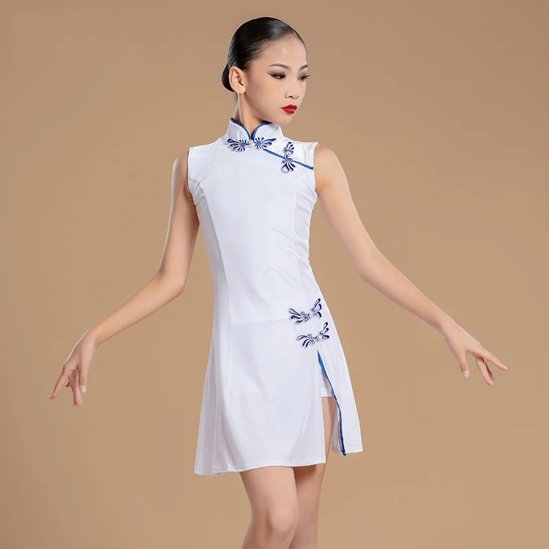 2024 nuevo vestido de baile latino para niñas sin mangas Cheongsam ropa de práctica Chacha Rumba Samba niños vestido de escenario latino DN19327