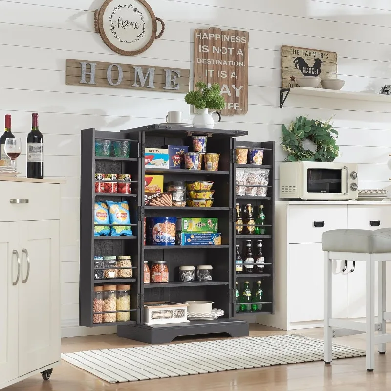 Farmhouse Kitchen Pantry Storage Cabinet with Door and Adjustable Shelves Rustic Wood Cupboard for Kitchen Dining Room Bathroo