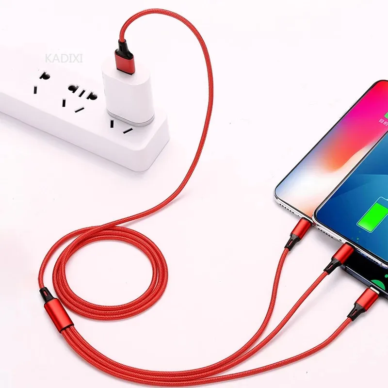 KADIXI Cable de carga rápida USB 3 en 1 tipo C, Micro, iOS, cargador múltiple para iPhone, Huawei, Samsung, trenzado en nylon 5