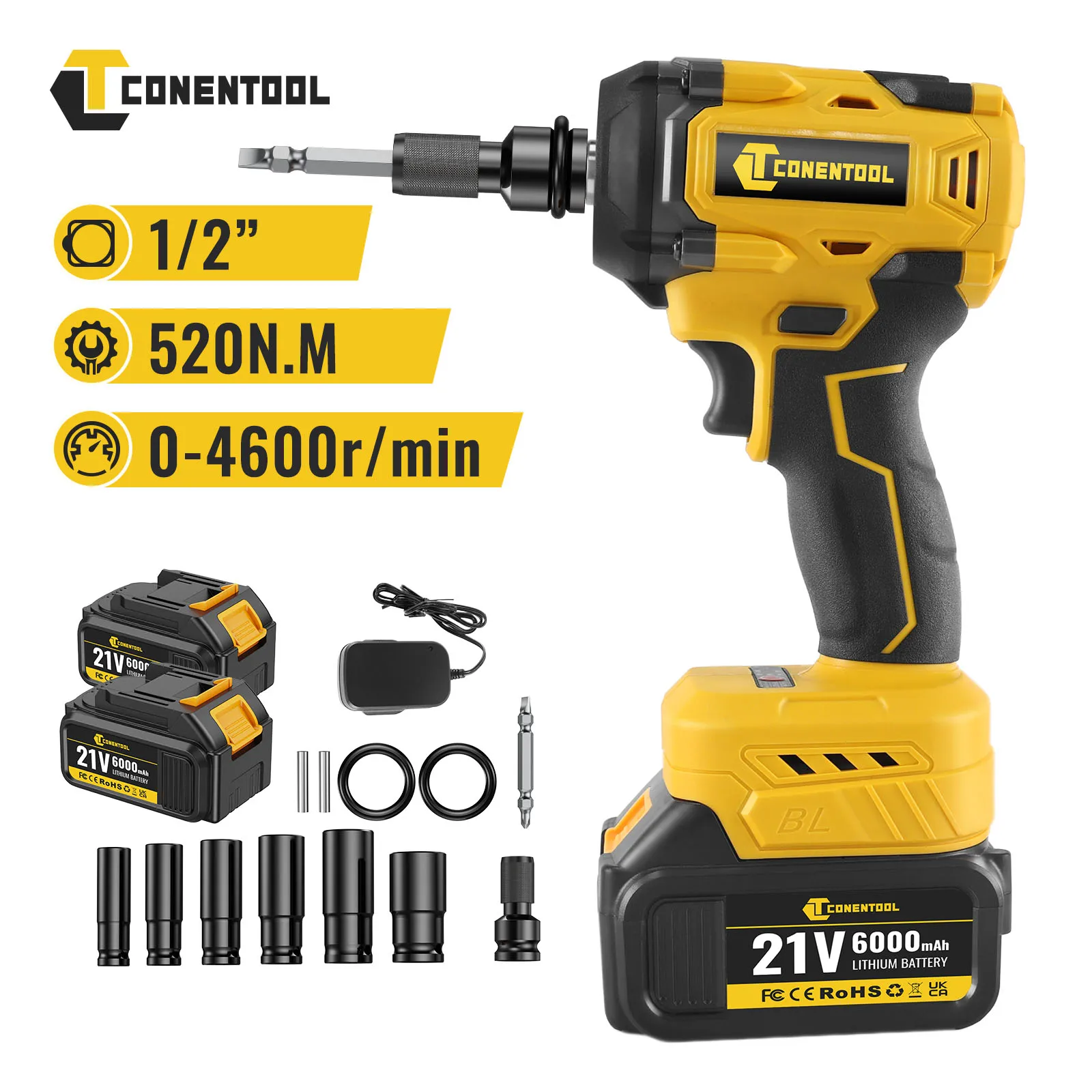 CONENTOOL 21V Cordless Impact Wrench, 1/2inch Brushless, 520Nm, with 2x 6.0Ah Batteries, Electric Impact Gun for Car and Home