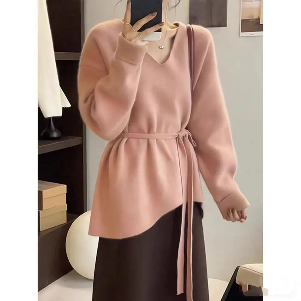 Irregular V Neck Knitting Lacing Pullovers Autumn Winter Long Sleeve Temperament Sweaters Fashion Elegant Women Clothing
