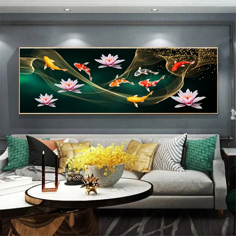 Chinese Golden Koi Fish Painting Lucky Carp Poster Home Decor Print Lotus Pond Picture Modern Room Gallery Interior Wall Cuadros