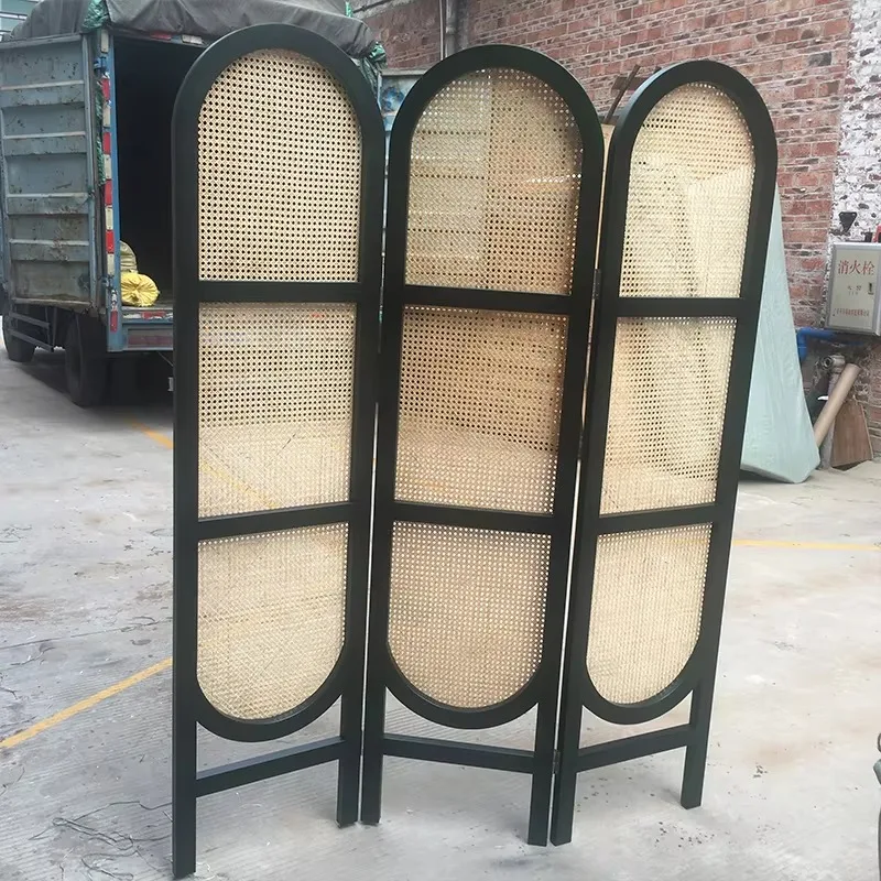 

Modern French style 3 three-panel folding screen room partition natural rattan webbing wooden movable design