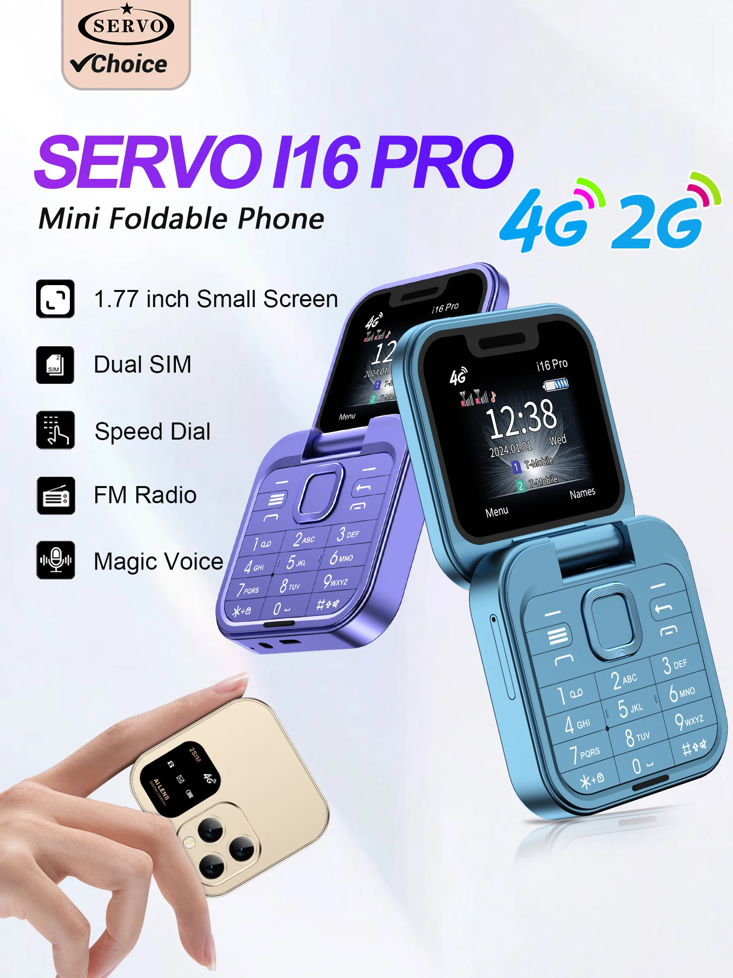 SERVO Mini Flip Mobiele Telefoon 4G/2G Mobiel 1.77" Display Snelkiezen Zaklamp Recorder FM Radio Dual SIM Opvouwbare Mobiele Telefoons - afbeelding 2