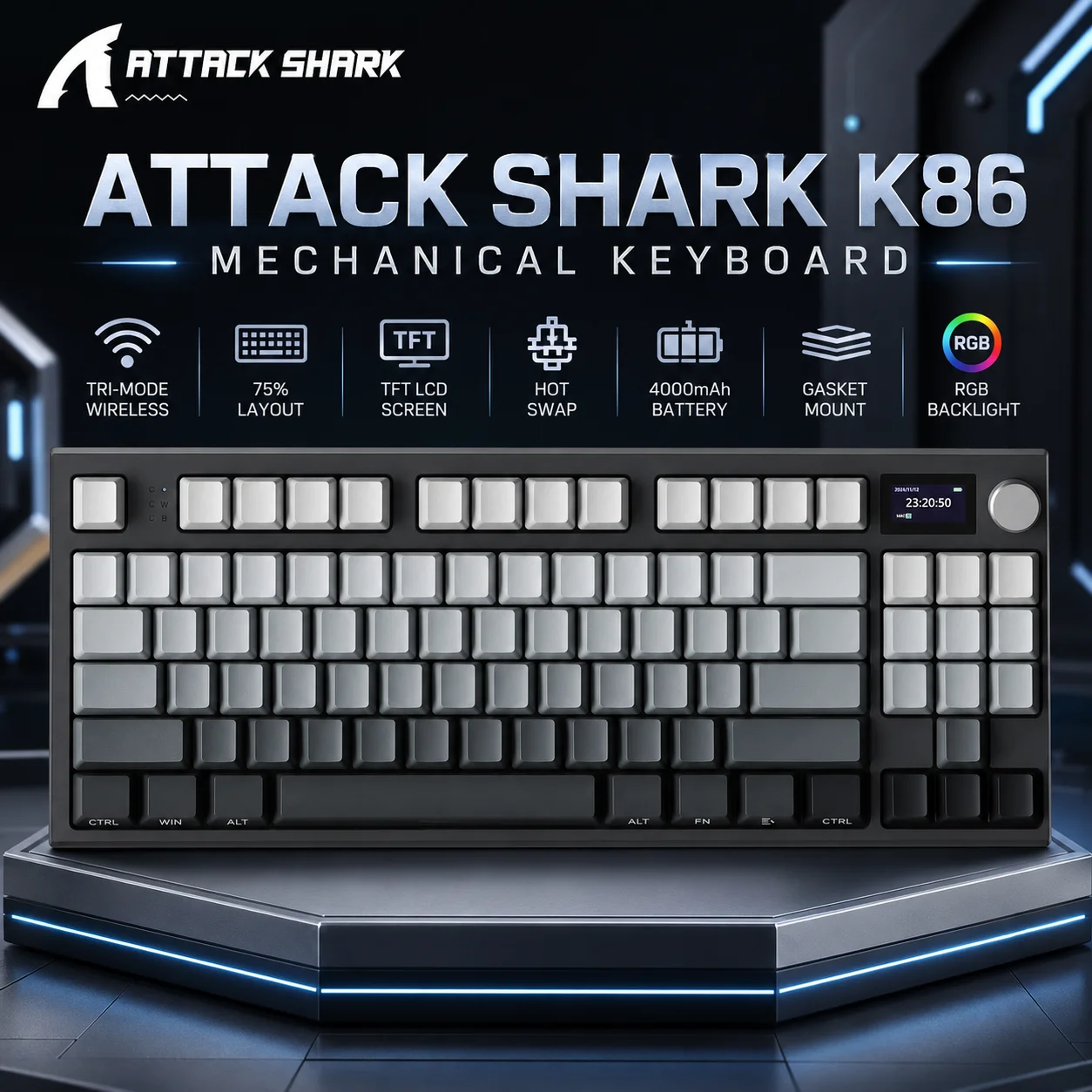 ATTACK SHARK K86 Wireless Mechanical Keyboard 75 Percent RGB TFT Screen Metal Knob Tri Mode Hot Swap Gasket Gaming Keyboard