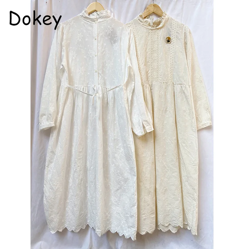 Vintage Embroidery White Long Sleeve Dress For Women Autumn Japan Style Mori Girl Stand Collar Cotton Linen Dress Casual Vestido