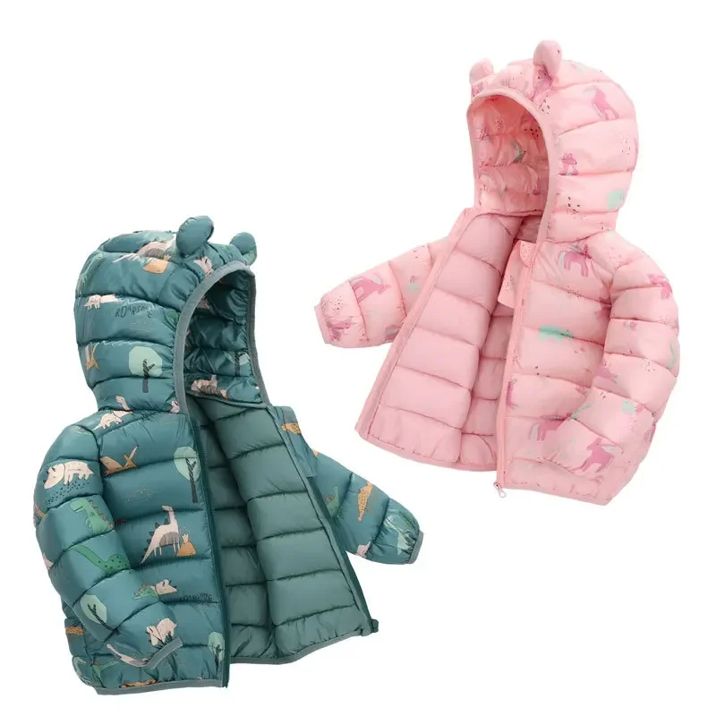 Children Boys Baby Hooded Lightweight Down Jackets Warm Outerwear Autumn Kids Girls Coats Cartoon Dinosaur Print Casual Clothing