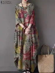 ZANZEA Bohemian Vintage Robe Women Maxi Long Dress Elegant Floral Printed Sundress Causal Loose Cotton Vestidos Autumn Dresses