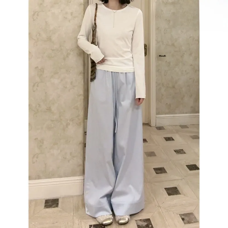 Lässige Weite Hosen für Damen, Basic Langarm-T-Shirt, Frühlings-Mode-Set mit Muschelmuster-Taille, Schlankmachende Lange Hosen