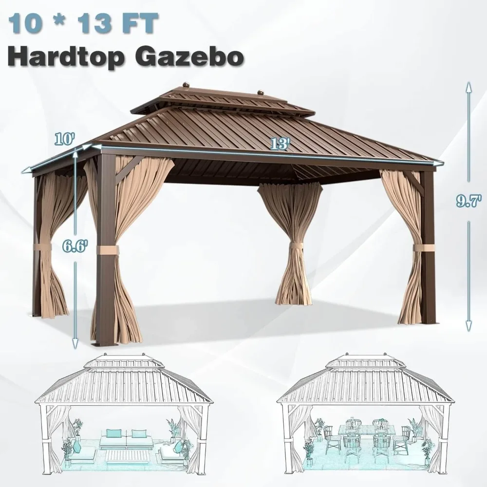 10' X 13' Hardtop Gazebo with Aluminum Frame，Galvanized Steel Double Metal Gazebo，Patio Gazebo with Curtains and Netting