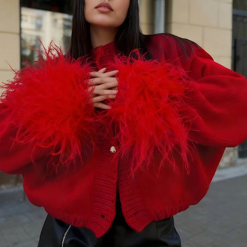 Feder Patchwork Strickjacke Mode frauen Oansatz Lange Ärmeln Pullover Casual Einreiher Einfarbig Herbst Pullover