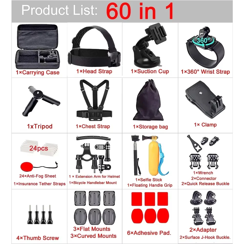 60 in 1 Action Camera Accessories Kit Mount Adapter Chest Strap Headband For GoPro Hero 13 12 11 9 Insta360 X4 X3 DJI Action 4 3