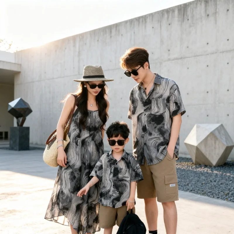 Beach Vacation Family Matching Outfit Summer Mommy Daughter Cami Dress Daddy Son Short Sleeve Shirt Abstract Art Holiday Clothes