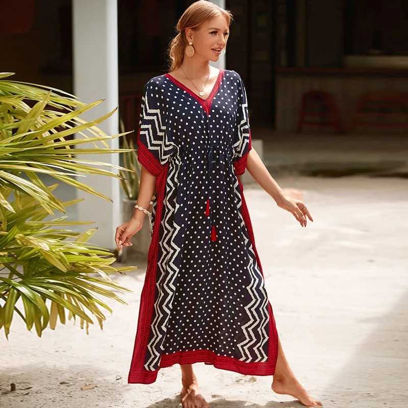 Charming Handblock Print Kaftan Elegance Women Maxi Dress White Polka Dots Red Hem Chic India Caftan Comfy Rayon Beach Cover Ups