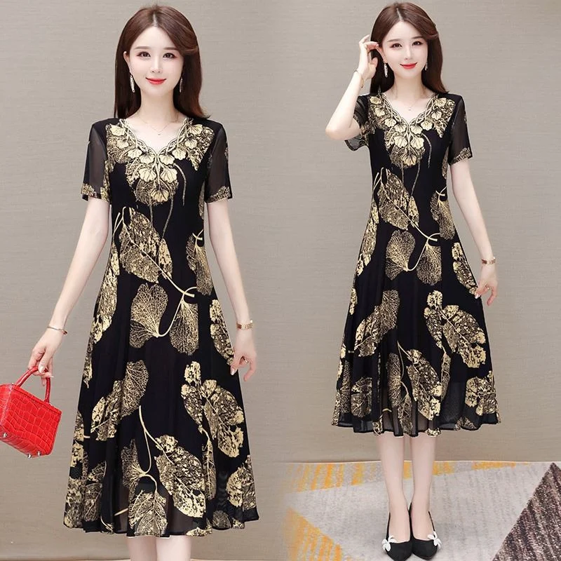 2023 Summer Women\'s Fashion Floral V-neck Dress New Temperament Age-reducing Belly-covering Slim Long Dress Female A-line Akirt