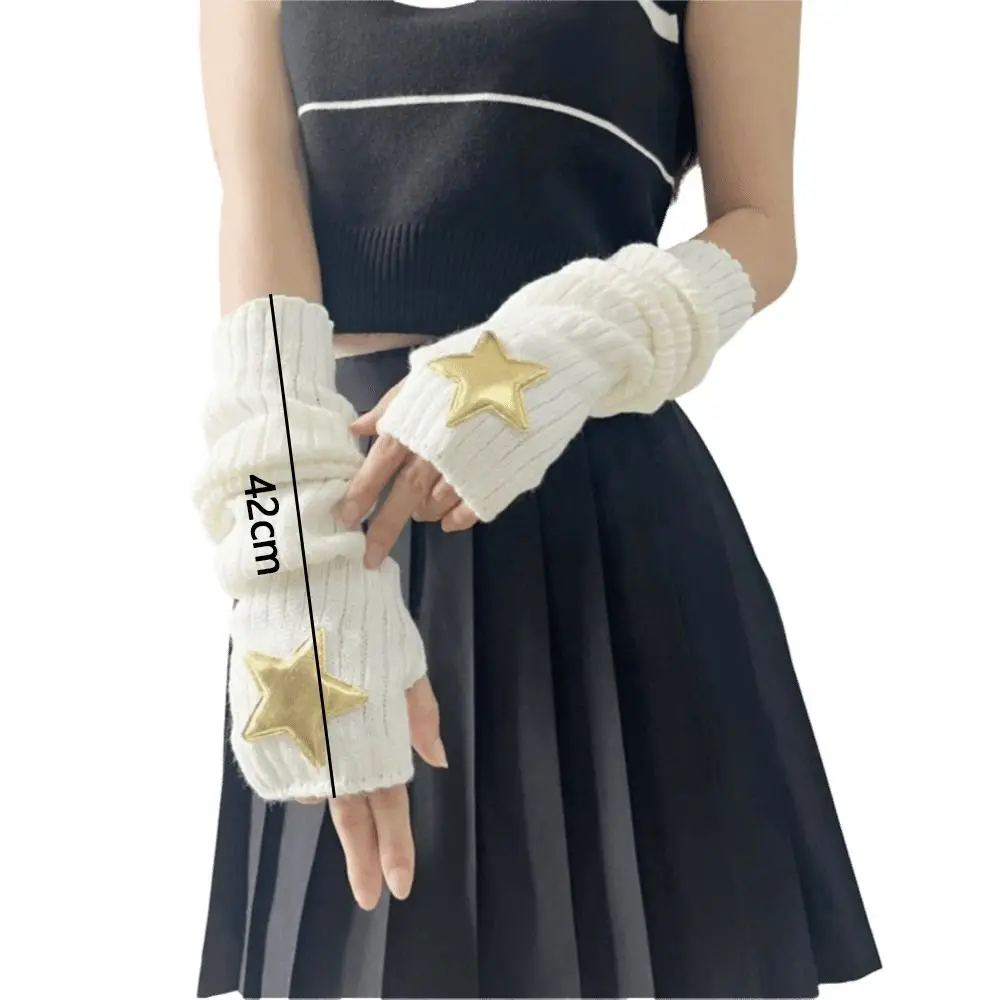 New Long Arm Warmer Gloves Cold Proof with Pentagram Patch Warm Arm Sleeve Knitted Fingerless Gloves Autumn Winter