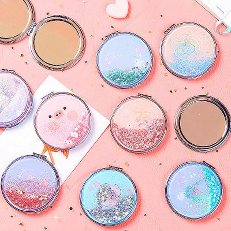 TSHOU889 Cute Pig Shiny Quicksand Makeup Mirror Double Sided Pocket Mirror Girls Outdoor Portable Foldable Mirror Compact Mirror