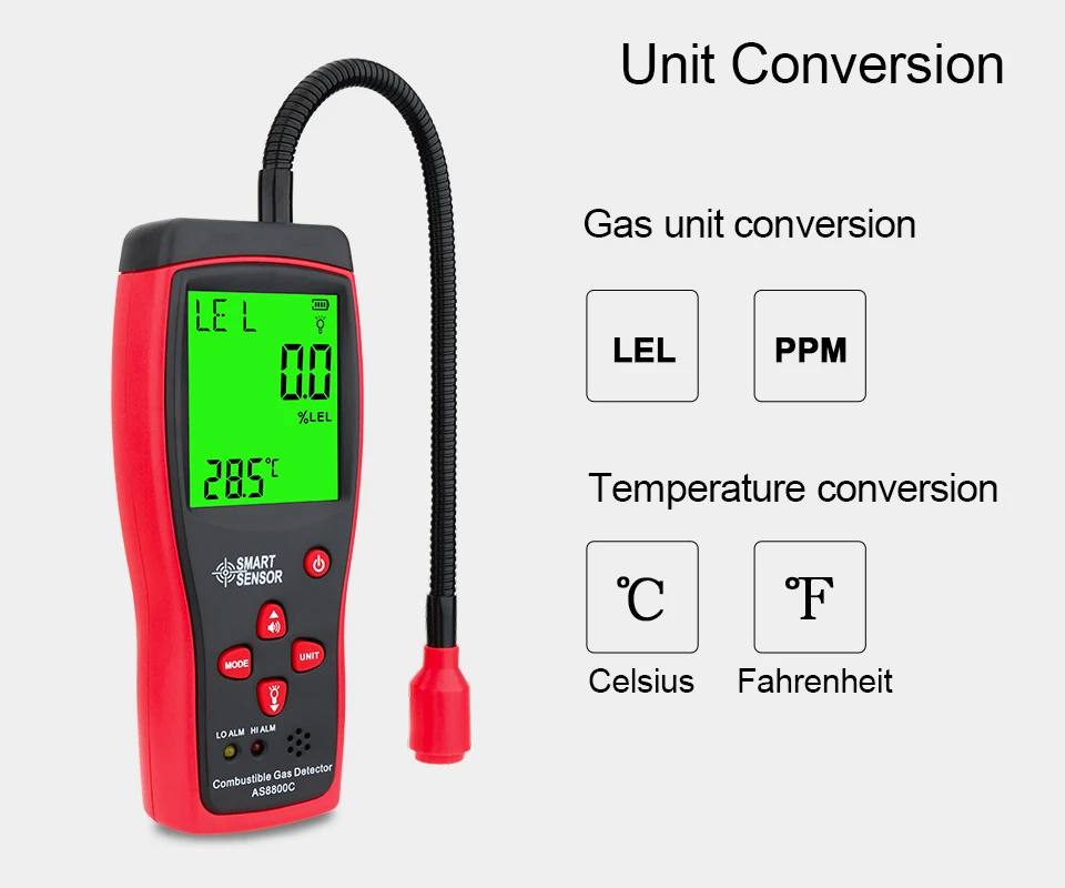 Tragbarer Gasleckdetektor 0-10000PPM mit Ton- und Lichtalarm, Messgerät für brennbare Gase, Tester für Erdgas, Methan und Rauchgas – Detail 7