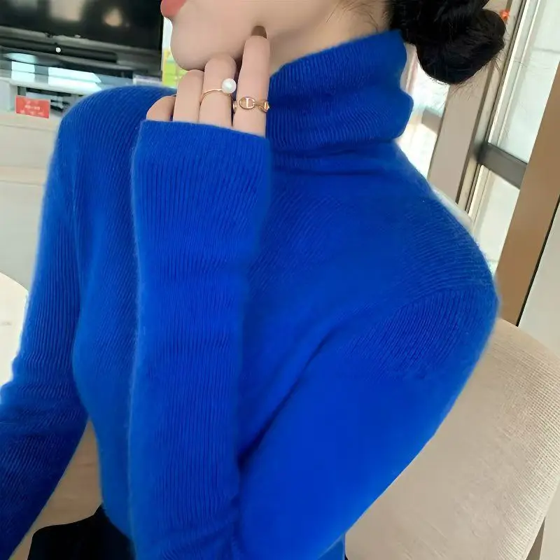 

Elegant High Neck Knitted Sweater Women's Slim Fit Base Layer Shirt Pure Color Versatile Long Sleeve Winter Fashion