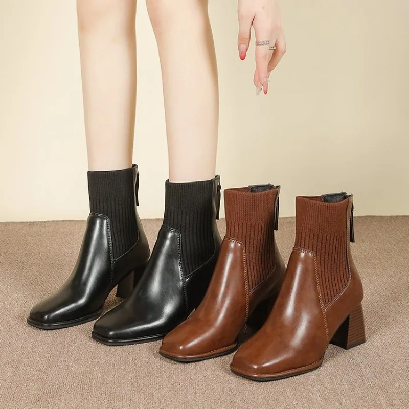 

Кожаные туфли на нескользящем блочном каблуке с квадратным носком и молнией на мягкой подошве для женщин, эластичные ботильоны