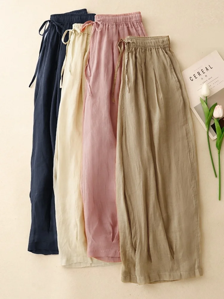 

Художественные однотонные легкие хлопковые льняные широкие брюки женские летние свободные большие размеры с скрытыми недостатками тонкие повседневные льняные девять...