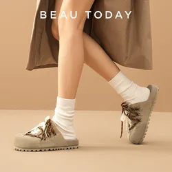 BEAUTODAY Casual Mules Women Cow Suede Leather Slippers Round Toe Cross Tied Patchwork Ladies Flat Shoes Handmade 34113