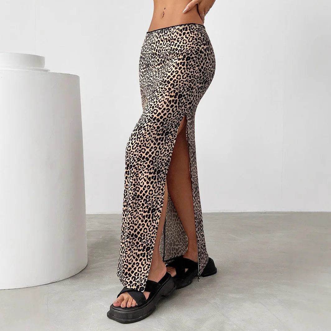 Leopard Print Skirt Women Y2K High Waisted Slit Sexy Bodycon Skirt European American Style Hip Hugging Skirt