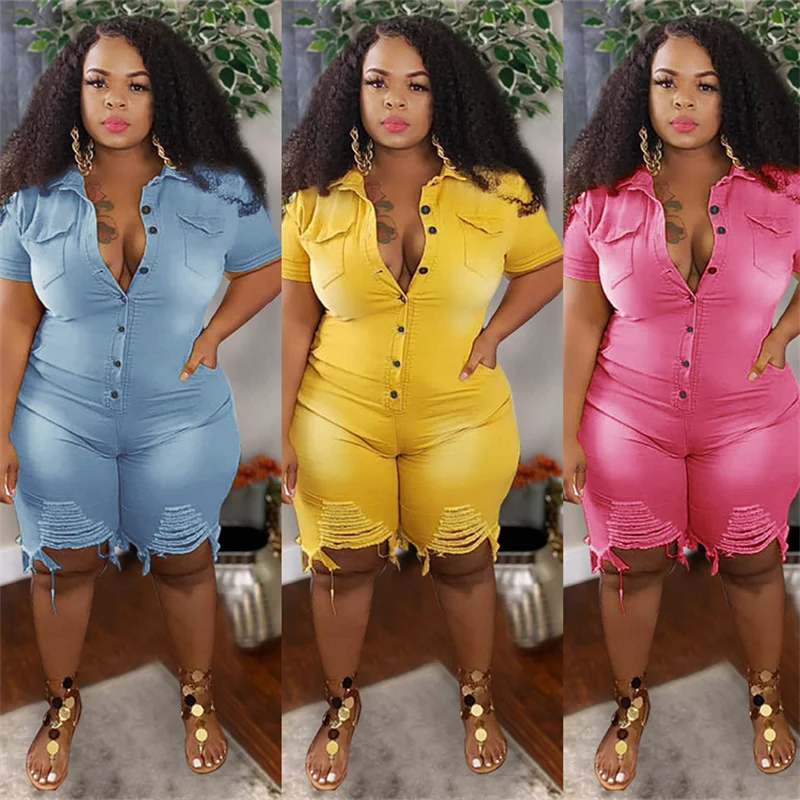 S-2XL Kleding Jeans Jumpsuits Vrouwen Korte Mouw Bodysuit Ripped Denim Shorts Jumpsuits