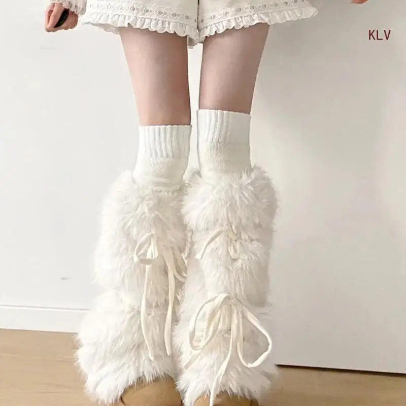 

JK Girls Boot Cuffs Leg Warmers Women Winter Warm Harajuku Sweet Ribbon Bowknot Furry Plush White Boot Cover Long Socks