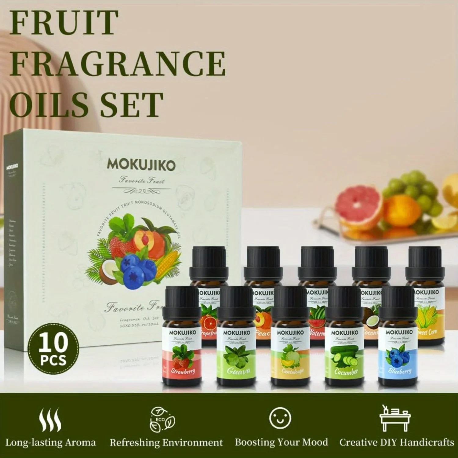 2pcs 10x10ml fruit essential oil, fragrant essential oil gift sets, including blueberries, coconuts, etc.