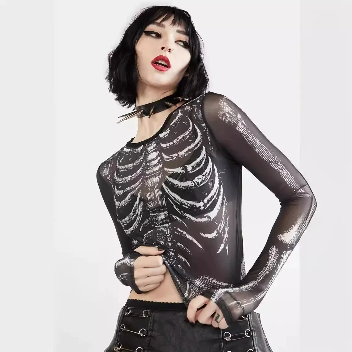 

Женский Y2K Ins Chic Bone Print Модные топы Рубашки Футболка Женская Sheer Панк Готический Хэллоуин Пуловер Ночной Клуб Фестиваль Топ