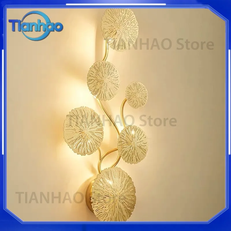 Wall Lamp for Villa No-Punching Large Lotus Leaf Design All-Copper Wireless Rechargeable Wall Light for Bedroom Living Room