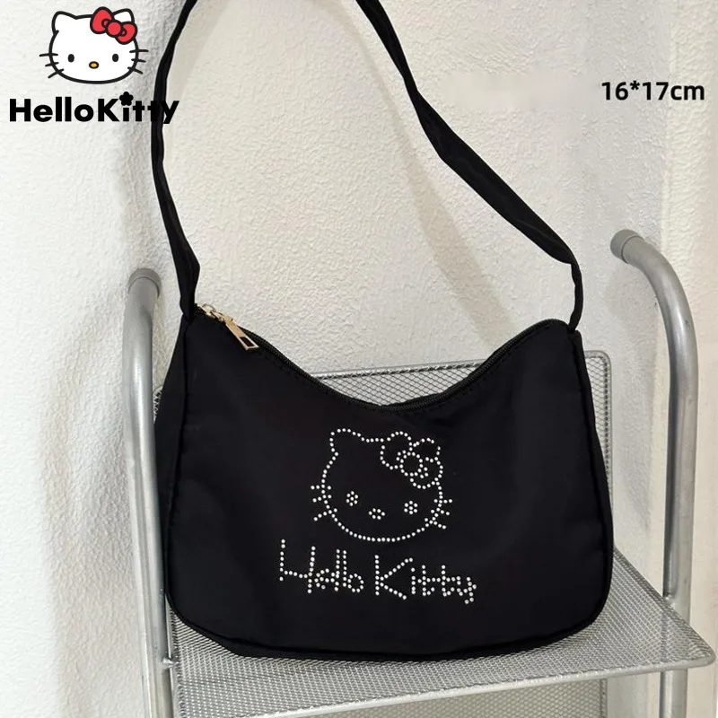 Sanrio Hello Kitty nowy torby płócienne damski modny kryształ górski czarne torebki Y2k damska kreskówka koreańska, czarna torba pod pachami