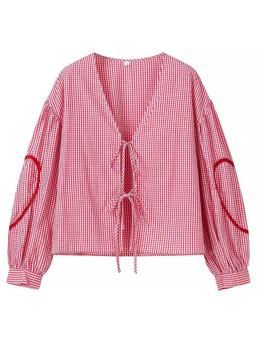 Damskie koszule z długim rękawem Plaid Heart Pattern Front Two Bowknot Tie-Up V-Neck Blouses Fashion Spring Casual Tops