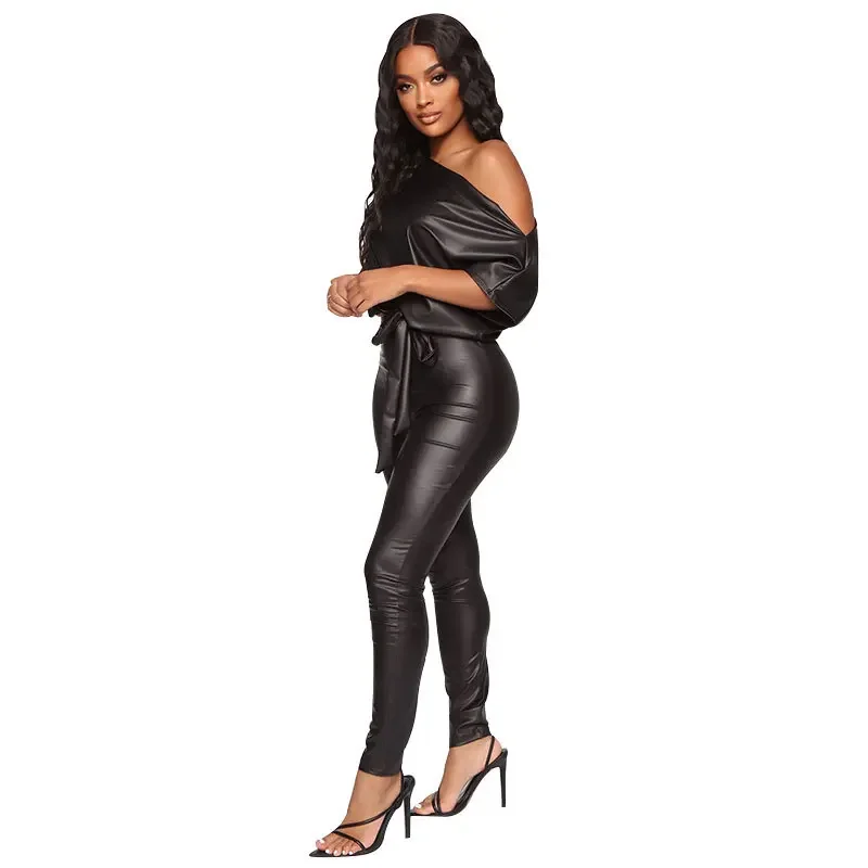 Tie Waist Faux Leather Sexy Jumpsuit Women Winter Autumn Turn Down Collar PU Jumpsuits Party Clubwear streetwear black mall goth