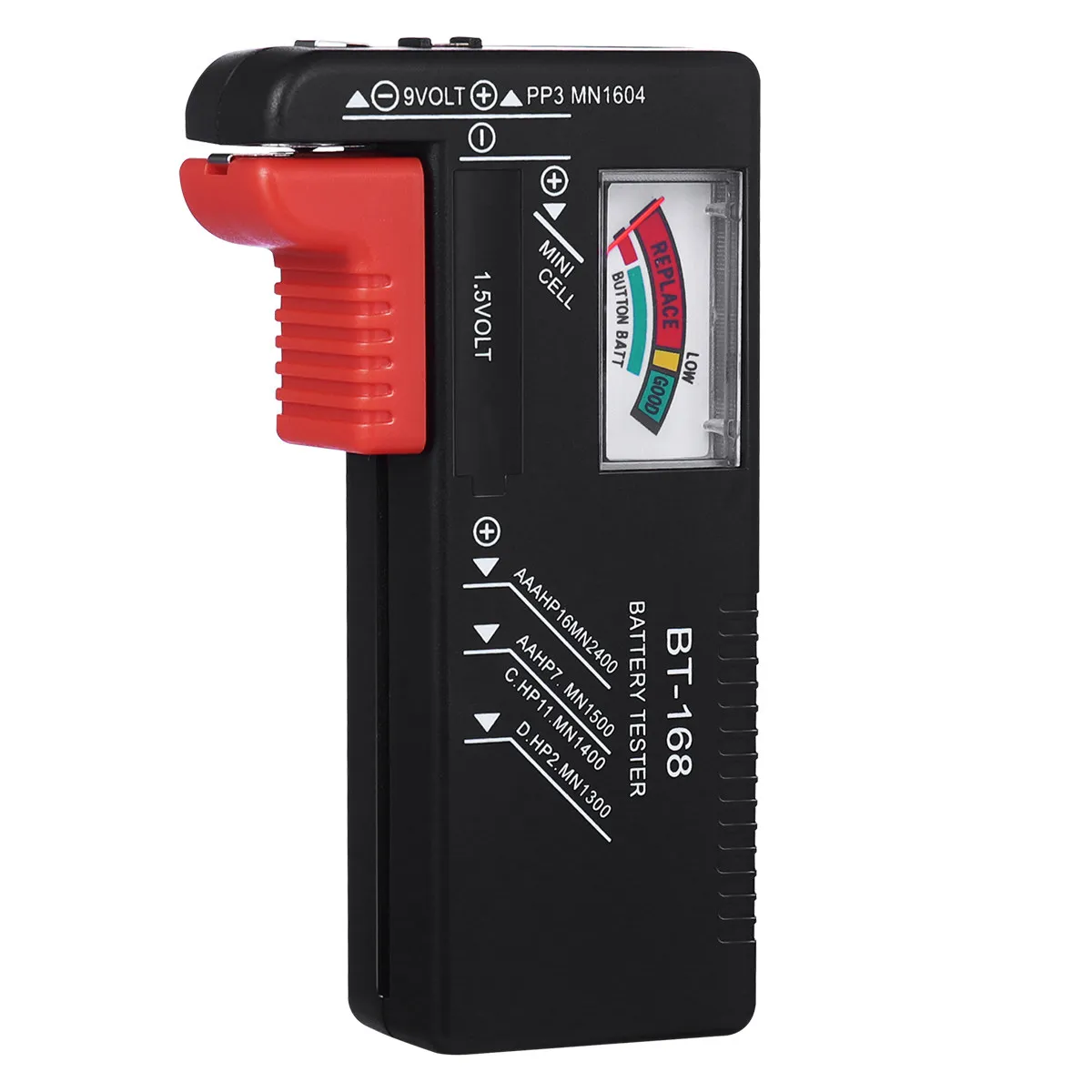 Universal Battery Tester for AA AAA 9V 1.5V Button Cells – Analog Voltage Checker with Red/Yellow Status Indicator