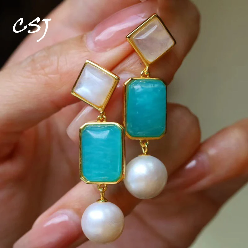 Natural Amazonite Moonstone  Pearl Earrings Sterling 925 Silver Flesh Water Pearl for Women Birthday Trendy Jewelry Wholesale