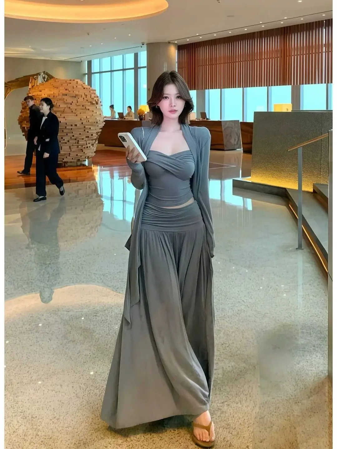 Soft Grey Three-Piece Set Women's Early Autumn Open Cardigan Outerwear Tube Top Vest  Skirt Pure Desire Fashion Ensemble