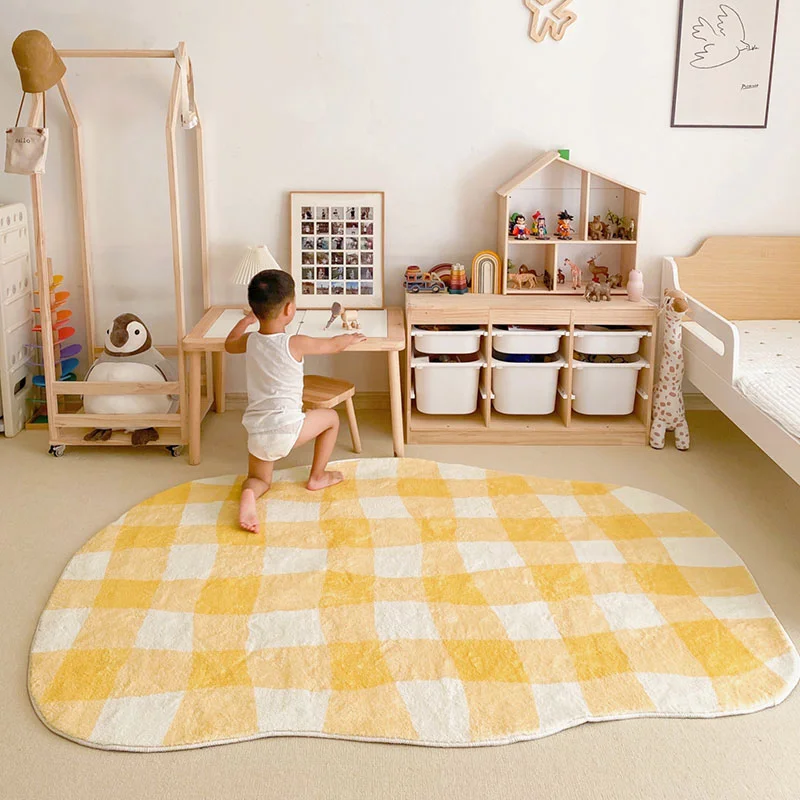 Cute Plaid Plush Rugs Anti-slip Fluffy Children's Bedroom Carpet Living Room Decoration Carpets Girl's Cloakroom Mat Lounge Rug